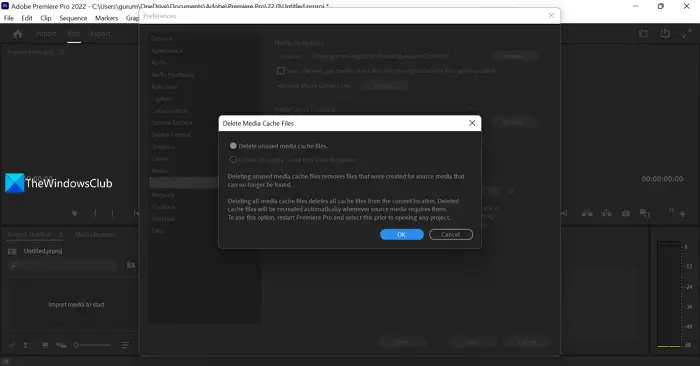 Delete media Cache confirmation Premiere Pro