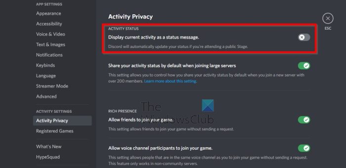 Disable Activity Status Discord