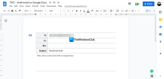 Draft email on Google Docs