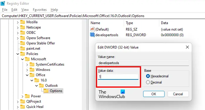 Enable Developer Mode in Outlook via Registry