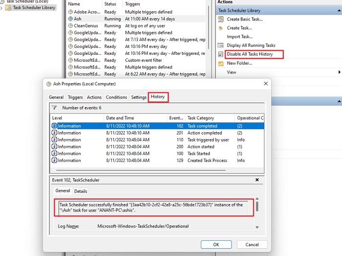 Enable Task Scheduler History