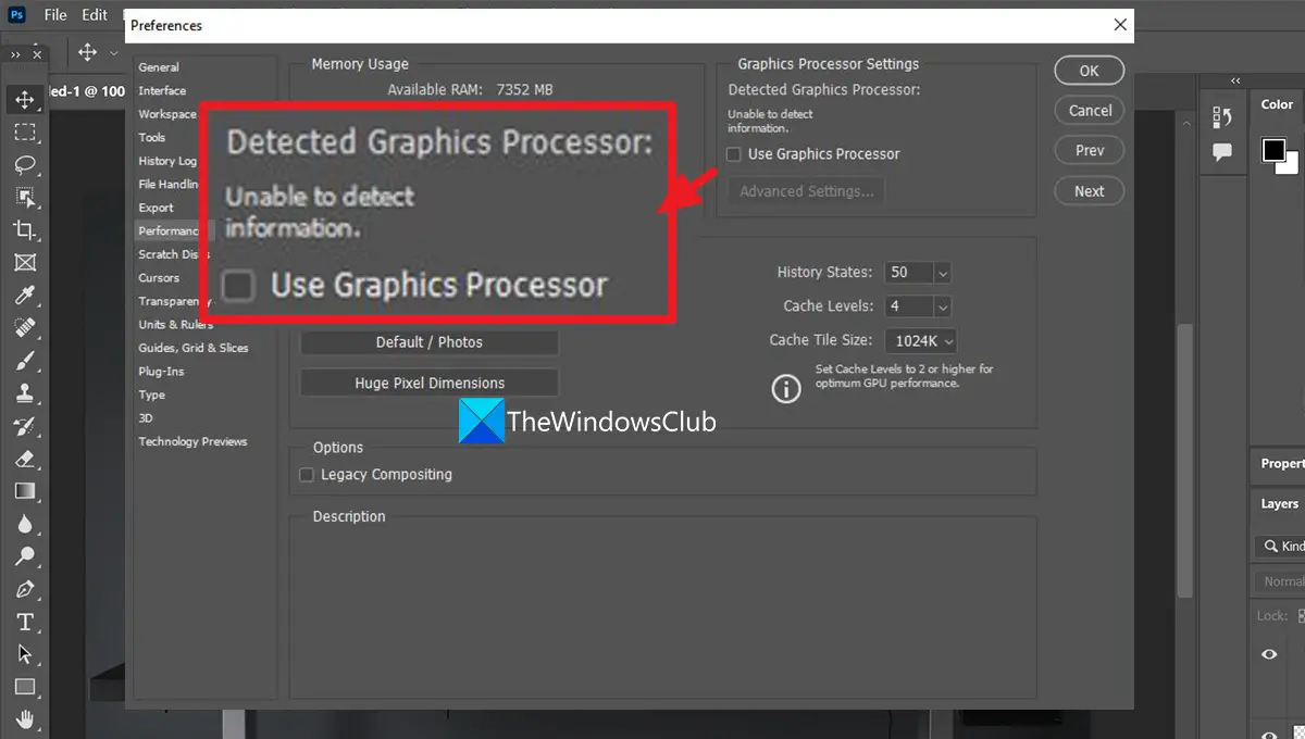Графический процессор не обнаружен в Photoshop