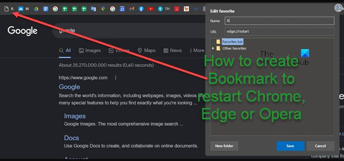 How to create a Bookmark to restart Chrome, Edge or Opera