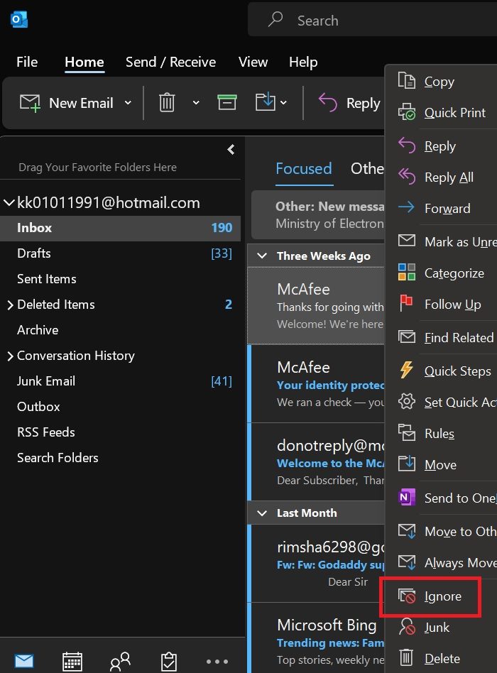 How to ignore Email Conversation in Outlook