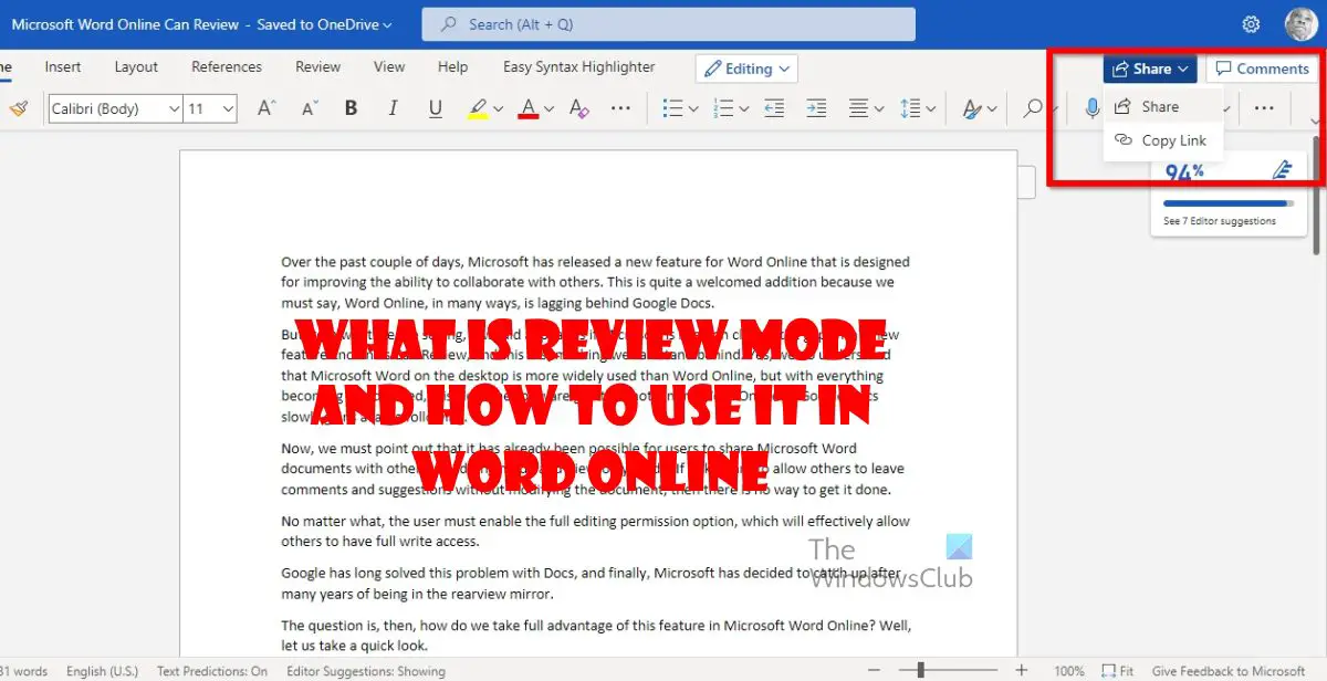How to use Review Mode in Word Online