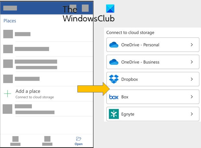 1. Tap on Open (or Open other documents if you're on a tablet). Now tap on Add a place. Add a place is an option that lets you connect to cloud storage 2. If you are using OneNote, then tap on Settings and then on Accounts. 3. Now choose the cloud service you want to add, such as OneDrive for business or Dropbox. 4. Now enter the email address and password that you use to sign in to that service.