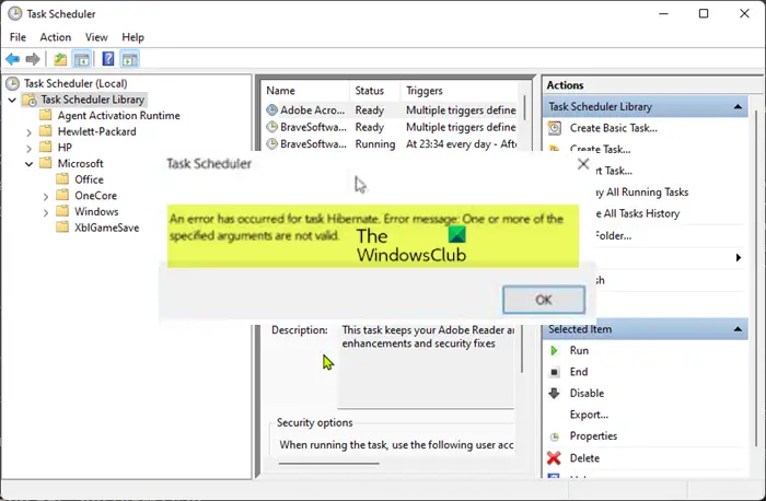 One or more of the specified arguments are not valid Task Scheduler error