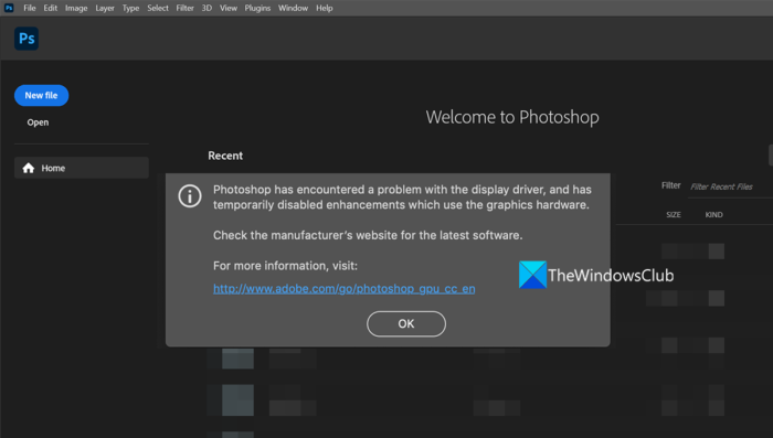Photoshop has encountered a problem with the display driver