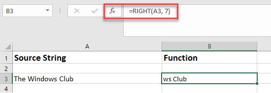 RIGHT function in Excel