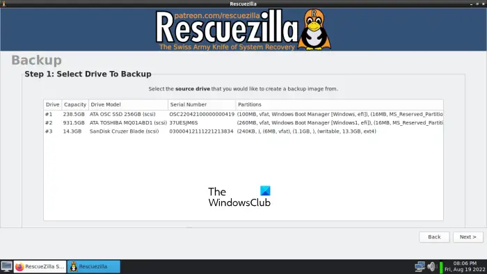 Select Drive to backup using RescueZilla