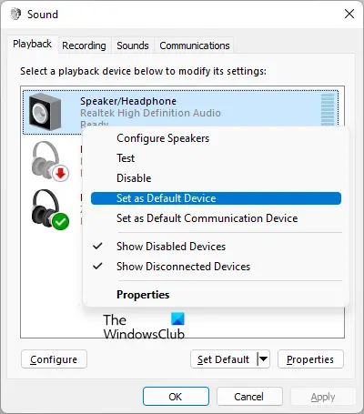 Set your audio device as the default
