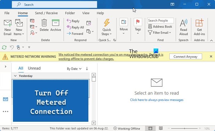 How to remove Metered connection warning in Outlook
