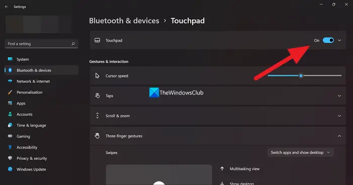 Turn on touchpad on Windows 11