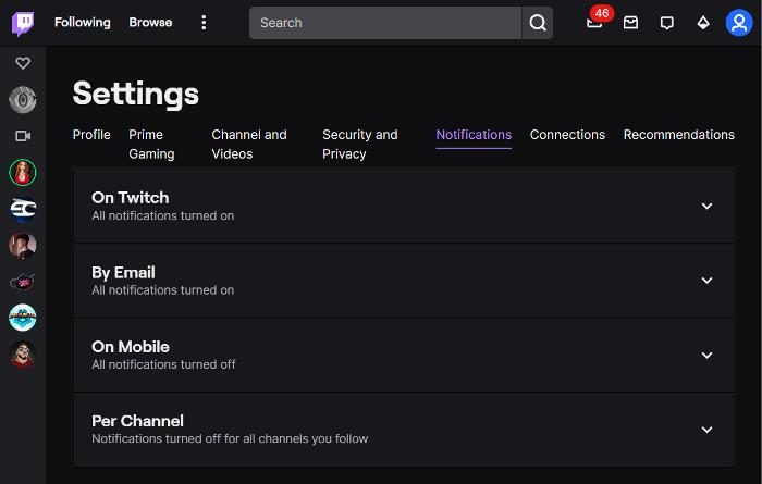 Twitch notifications settings