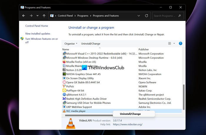 Uninstall VLC from the Control Panel