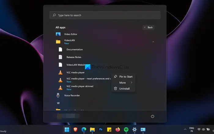 Uninstall VLC media player using the Start menu