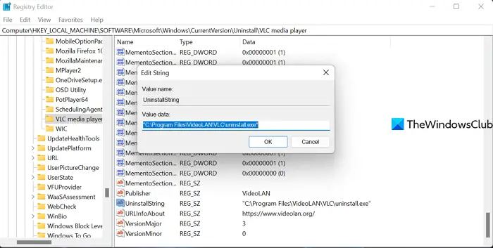 Uninstall VLC using Uninstall string