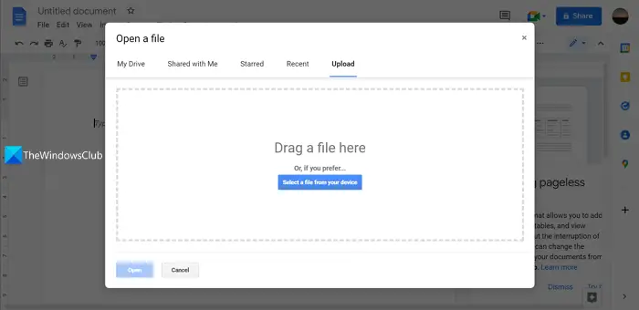 Upload a file in Google Docs