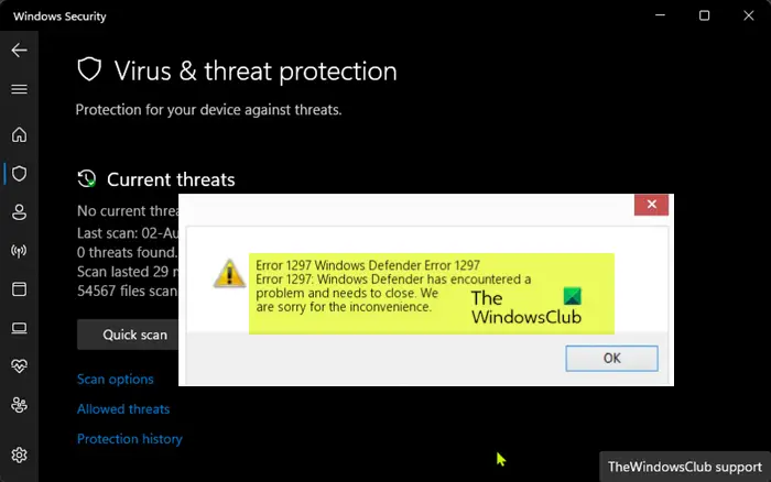 Windows Defender Error Code 1297