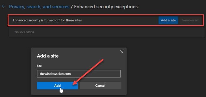 adding site exception in edge