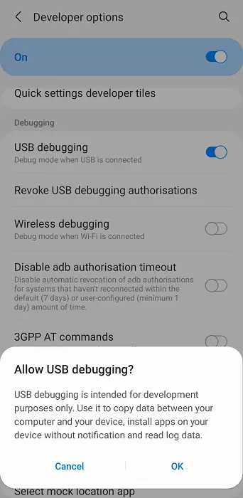 Enable USB debugging