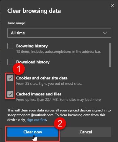 clearing browsing data in edge