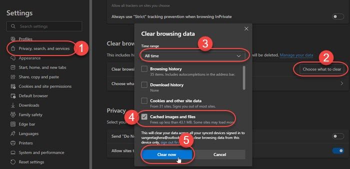 clearing cache in edge