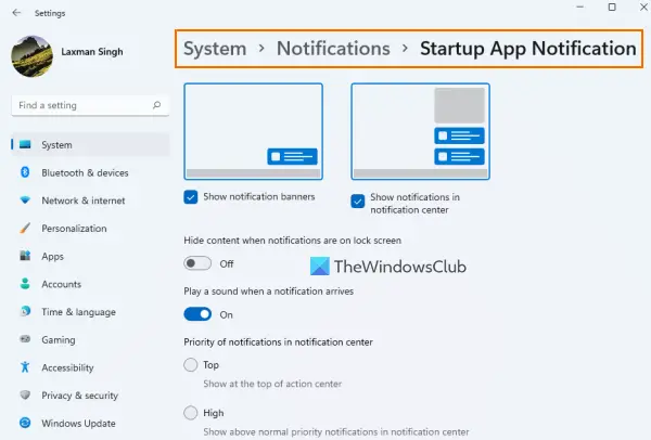 manage startup app notification settings