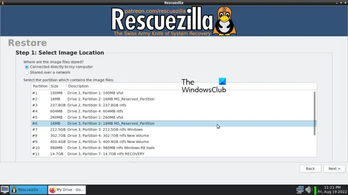 select image location to restore backup RescueZilla