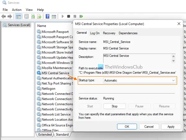 set MSI Central Service to automatic