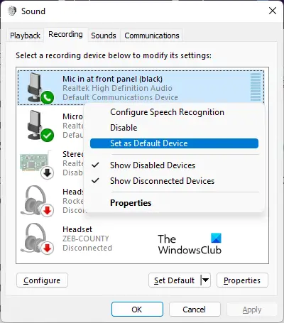set your mic as default via Control Panel