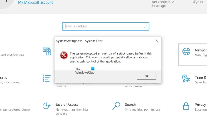 systemsettings exe system error overrun of a stack-based buffer