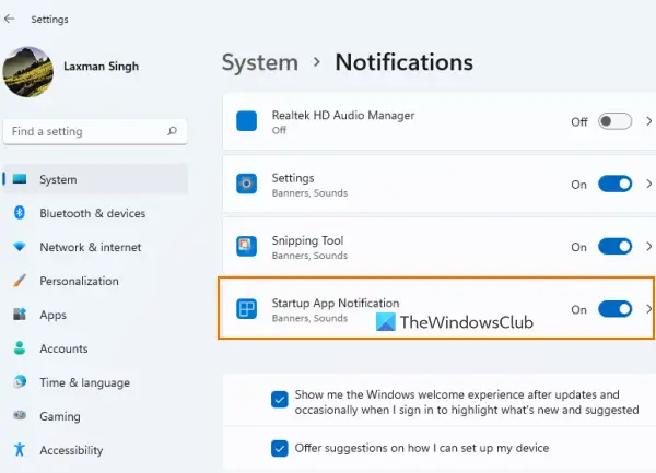 Startup App Notification feature in Windows 11