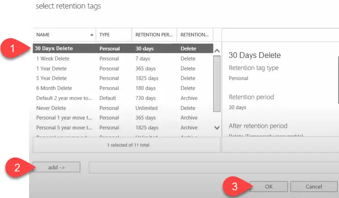 Adding retention tag to retention policy in Exchange admin center