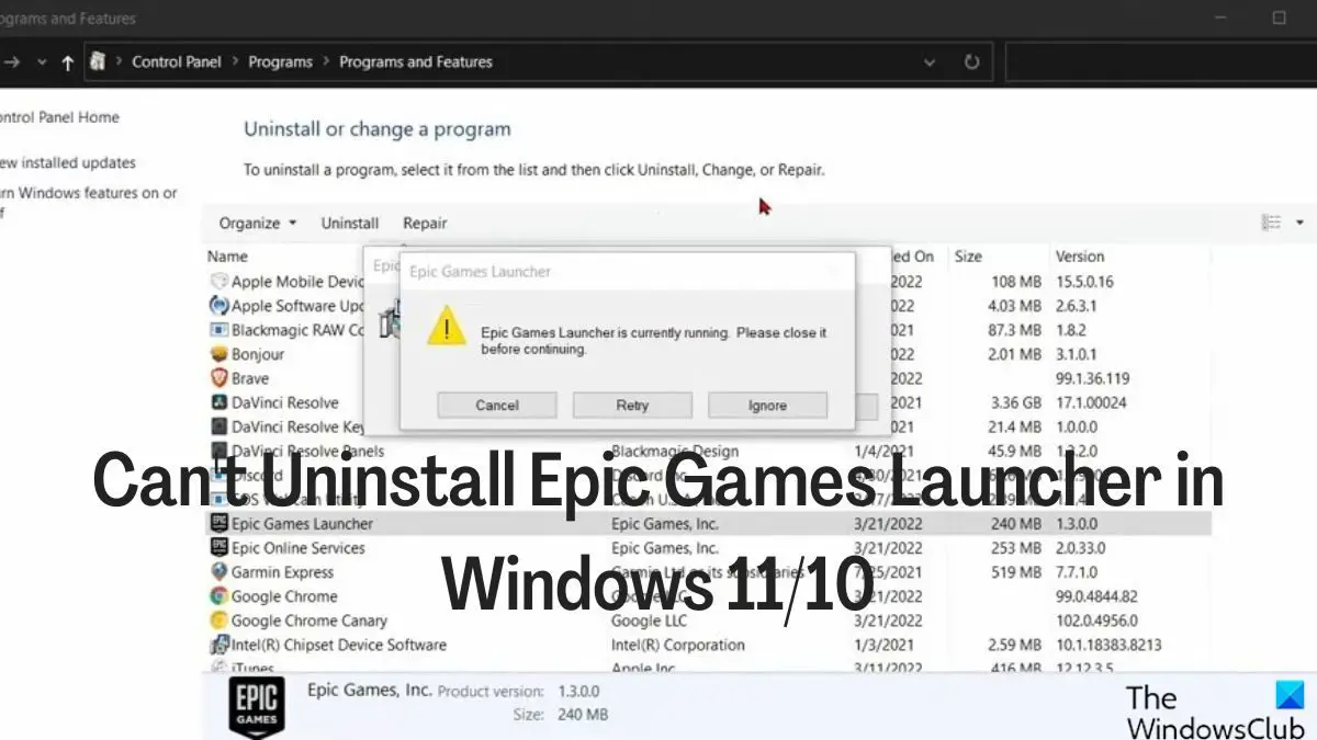 Не могу удалить программу запуска Epic Games в Windows 11/10
