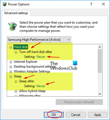 Configure power options for the hard disk