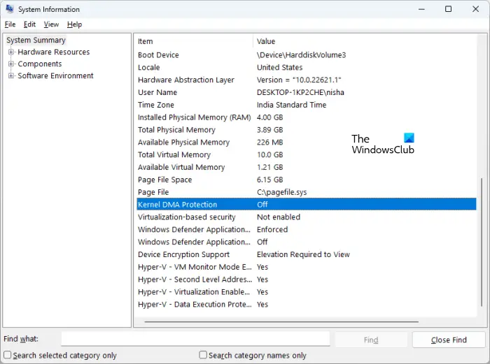 Check the status of Kernel DMA Protection