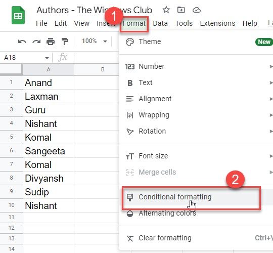 Conditional Formatting option in Google Sheets