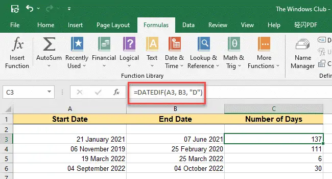 Count days between two dates in Excel using DATEDIF function