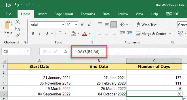 Count days between two dates in Excel using DAYS function