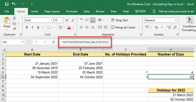 Count days between two dates in Excel using NETWORKDAYS function