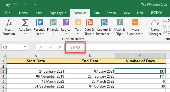 Count days between two dates in Excel using Subtraction