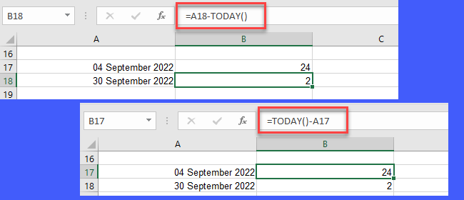 Count days between two dates in Excel using TODAY function