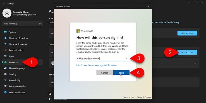 Creating a new user account in Windows