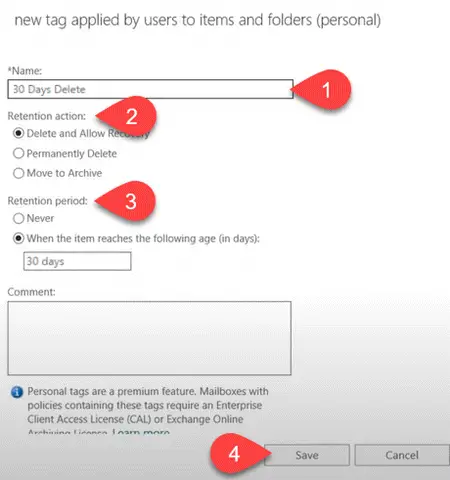 Creating personal tag in Exchange admin center