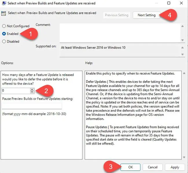 Delaying Feature Updates through Group Policy Editor