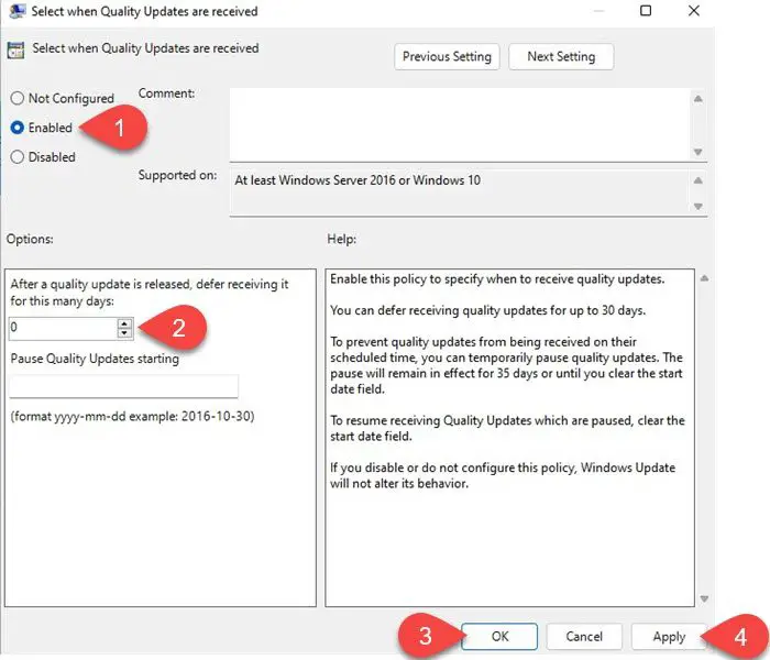 Delaying Quality Updates through Group Policy Editor