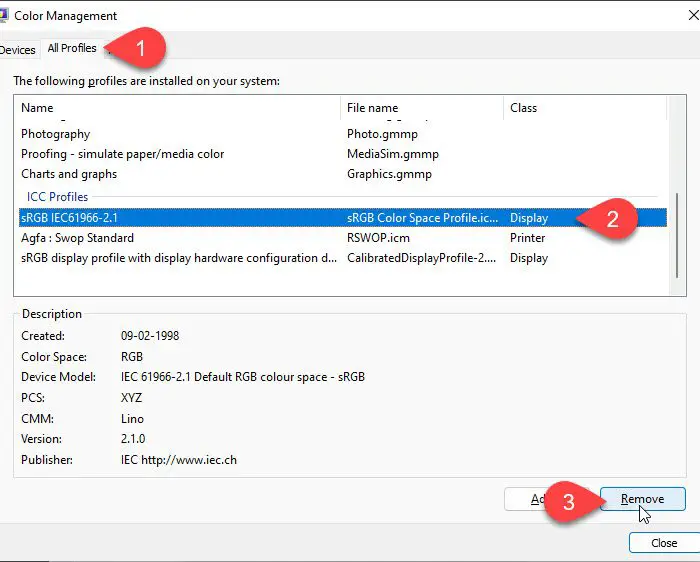 Deleting a Color Profile in Windows