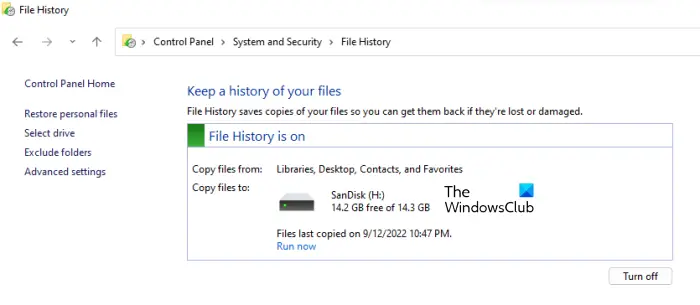 Enable File History on Windows