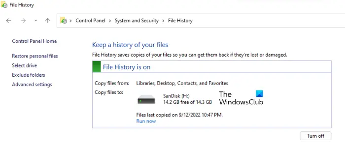 Enable File History On Windows